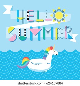 Invitation card template with cute cartoon pool float unicorn. Hello summer illustration.