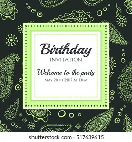 Invitation or Card template. Decorative paisley background. Luxury postcard for Wedding, Bridal, Valentine's day, greeting cards, Birthday Invitations