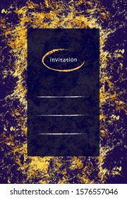 An invitation card template with deep blue background in grunge style and yellow brushes under the transparent rectangle 