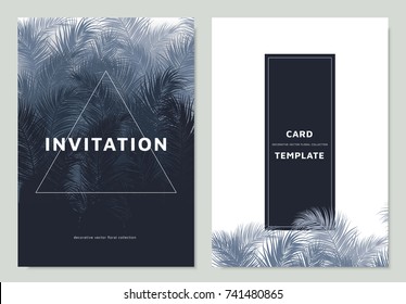 Invitation card template design, blue palm leaves with white square border frame