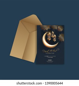 Invitation card or template design decorated with crescent moon and hanging illuminated lanterns for Dawat-E-Eid Celebration with envelope.