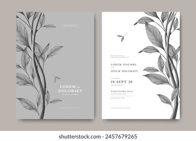 Invitation card template design, gray leaves on grey background with white background
