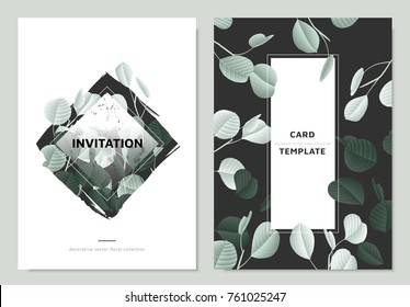 Invitation card template design, green silver dollar eucalyptus leaves collage on black and white