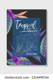 invitation card template design with summer exotic tropical leaves in black background stock vector illustration