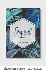 invitation card template design with summer exotic tropical leaves in black background stock vector illustration