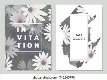 Invitation card template design, white Chrysanthemum flowers with palm leaves with rectangle frame