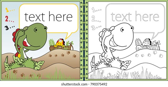 Invitation card template, dinosaurs cartoon playing hide and seek, coloring book or page