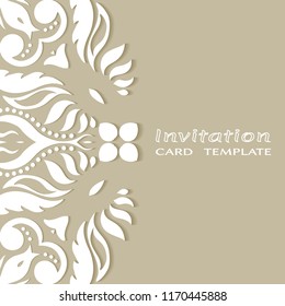Invitation or Card template with doodle border, cutout paper, frame element. Decorative hand drawn background for Wedding, Valentine's day, Birthday greeting cards. Stylized floral ornament