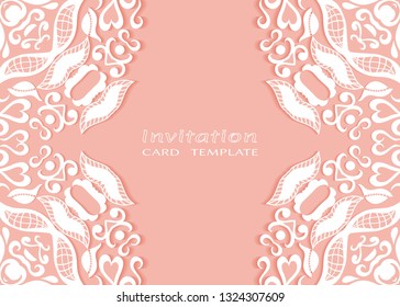 Invitation or Card template with doodle frame border, hand drawn floral elements. Decorative openwork filigree art background for Wedding, Valentine's day greeting card, Birthday Invitation