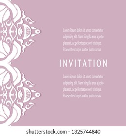 Invitation or Card template with doodle frame border, hand drawn floral elements. Decorative openwork filigree art background for Wedding, Valentine's day greeting card, Birthday Invitation