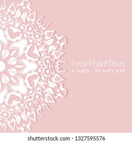 Invitation or Card template with doodle frame border, hand drawn floral elements. Decorative openwork filigree art background for Wedding, Valentine's day greeting card, Birthday Invitation