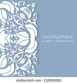 Invitation or Card template with doodle frame border,  hand drawn floral elements. Decorative openwork filigree art background for Wedding, Valentine's day greeting card, Birthday Invitation