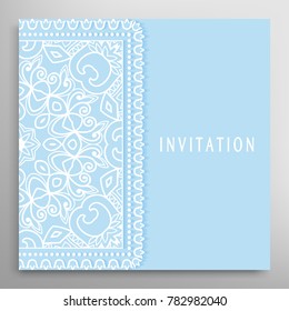 Invitation or Card template with doodle lace border, cutout paper frame element. Decorative openwork filigree line art background for Wedding, Valentine's day greeting cards, Birthday Invitations