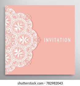 Invitation or Card template with doodle lace border, cutout paper frame element. Decorative openwork filigree line art background for Wedding, Valentine's day greeting cards, Birthday Invitations