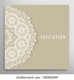Invitation or Card template with doodle lace border, cutout paper frame element. Decorative openwork filigree line art background for Wedding, Valentine's day greeting cards, Birthday Invitations