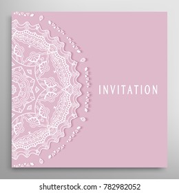 Invitation or Card template with doodle lace border, cutout paper frame element. Decorative openwork filigree line art background for Wedding, Valentine's day greeting cards, Birthday Invitations