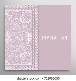 Invitation or Card template with doodle lace border, cutout paper frame element. Decorative openwork filigree line art background for Wedding, Valentine's day greeting cards, Birthday Invitations