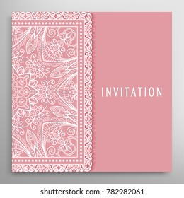 Invitation or Card template with doodle lace border, cutout paper frame element. Decorative openwork filigree line art background for Wedding, Valentine's day greeting cards, Birthday Invitations