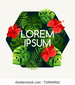 Invitation Card Template with Exotic Tropical Leaves : Vector Illustration