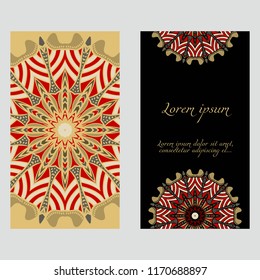 Invitation or Card template with floral mandala pattern. For Wedding, greeting cards, Birthday Invitation. The front and rear side. Vector illustration.