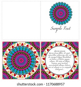 Invitation or Card template with floral mandala pattern. Decorative background for Wedding, greeting cards, Birthday Invitation. The front and rear side