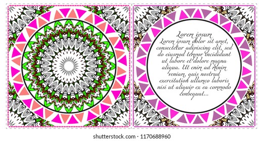 Invitation or Card template with floral mandala pattern. The front and rear side. Vector illustration.