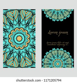 Invitation or Card template with floral mandala pattern. For Wedding, greeting cards, Birthday Invitation. The front and rear side. Vector illustration