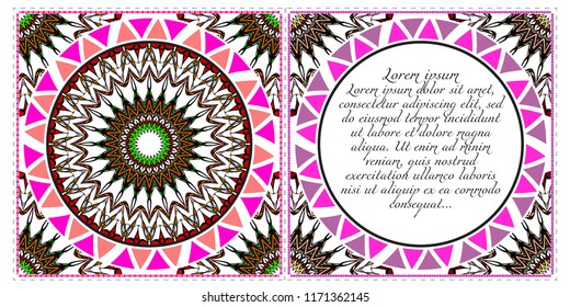 Invitation or Card template with floral mandala pattern. The front and rear side. Vector illustration.