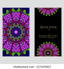 Invitation or Card template with floral mandala pattern. For Wedding, greeting cards, Birthday Invitation. The front and rear side. Vector illustration.