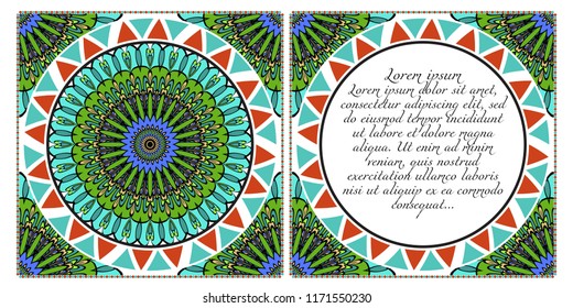 Invitation or Card template with floral mandala pattern. The front and rear side. Vector illustration.