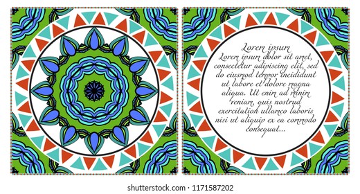 Invitation or Card template with floral mandala pattern. Decorative background for Wedding, greeting cards, Birthday Invitation. The front and rear side