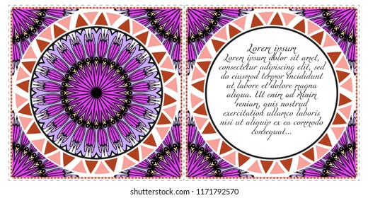 Invitation or Card template with floral mandala pattern. Decorative background for Wedding, greeting cards, Birthday Invitation. The front and rear side.