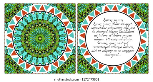 Invitation or Card template with floral mandala pattern. The front and rear side. Vector illustration.