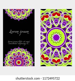 Invitation or Card template with floral mandala pattern. For Wedding, greeting cards, Birthday Invitation. The front and rear side. Vector illustration