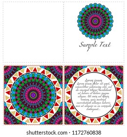 Invitation or Card template with floral mandala pattern. Decorative background for Wedding, greeting cards, Birthday Invitation. The front and rear side