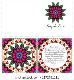 Invitation or Card template with floral mandala pattern. The front and rear side. Vector illustration.