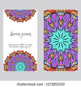 Invitation or Card template with floral mandala pattern. For Wedding, greeting cards, Birthday Invitation. The front and rear side. Vector illustration