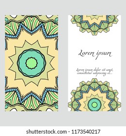 Invitation or Card template with floral mandala pattern. For Wedding, greeting cards, Birthday Invitation. The front and rear side. Vector illustration