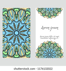 Invitation or Card template with floral mandala pattern. For Wedding, greeting cards, Birthday Invitation. The front and rear side. Vector illustration.