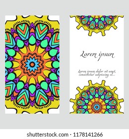 Invitation or Card template with floral mandala pattern. For Wedding, greeting cards, Birthday Invitation. The front and rear side. Vector illustration.