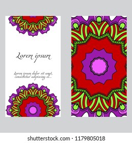 Invitation or Card template with floral mandala pattern. For Wedding, greeting cards, Birthday Invitation. The front and rear side. Vector illustration.