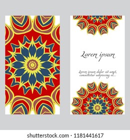 Invitation or Card template with floral mandala pattern. For Wedding, greeting cards, Birthday Invitation. The front and rear side. Vector illustration.