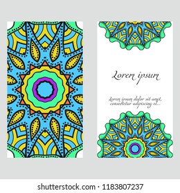 Invitation or Card template with floral mandala pattern. For Wedding, greeting cards, Birthday Invitation. The front and rear side. Vector illustration.