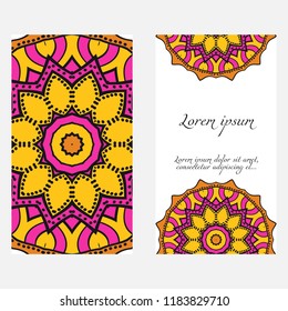 Invitation or Card template with floral mandala pattern. For Wedding, greeting cards, Birthday Invitation. The front and rear side. Vector illustration.