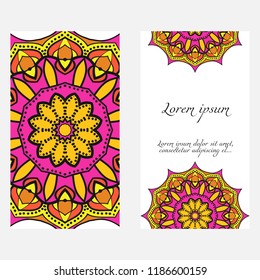 Invitation or Card template with floral mandala pattern. For Wedding, greeting cards, Birthday Invitation. The front and rear side. Vector illustration