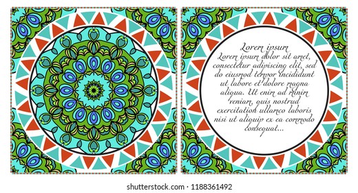 Invitation or Card template with floral mandala pattern. The front and rear side. Vector illustration.