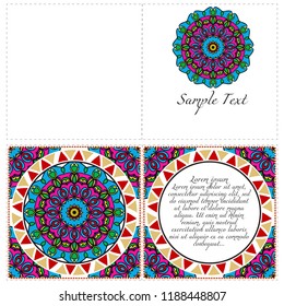 Invitation or Card template with floral mandala pattern. Decorative background for Wedding, greeting cards, Birthday Invitation. The front and rear side.
