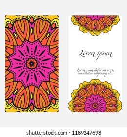 Invitation or Card template with floral mandala pattern. For Wedding, greeting cards, Birthday Invitation. The front and rear side. Vector illustration