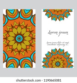 Invitation or Card template with floral mandala pattern. For Wedding, greeting cards, Birthday Invitation. The front and rear side. Vector illustration.