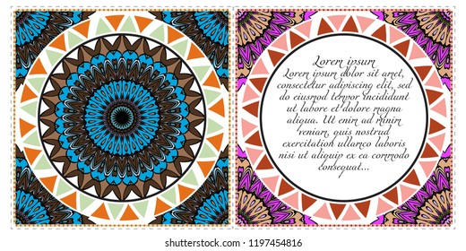 Invitation or Card template with floral mandala pattern. Decorative background for Wedding, greeting cards, Birthday Invitation. The front and rear side.